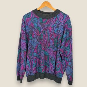 Vintage Season Ticket Paisley Mock Neck Sweater Size 2X Purple Teal Gray Acrylic